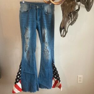 Blue Flared Jeans with American Flag Detail